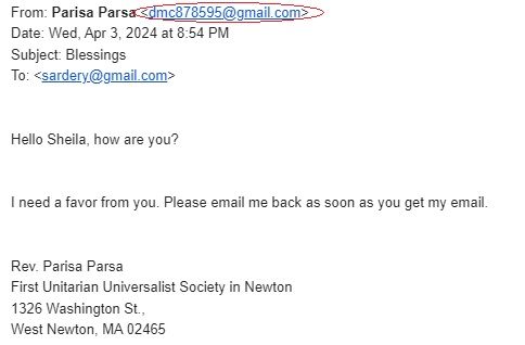 An example email showing a random email address rather than the correct email address.