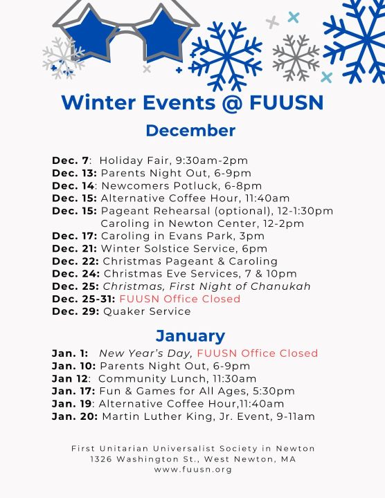 A flyer decorated with blue and silver snowflakes reads, 